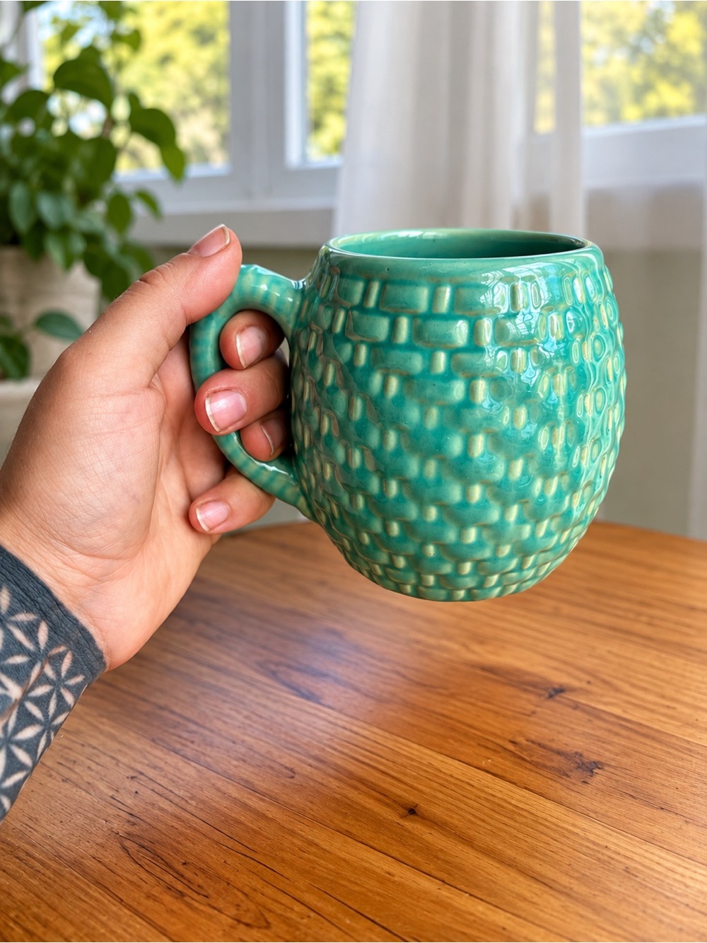 Handmade Studio Pottery Teal Turquoise Textured Ceramic Mug Artisan Coffee Cup